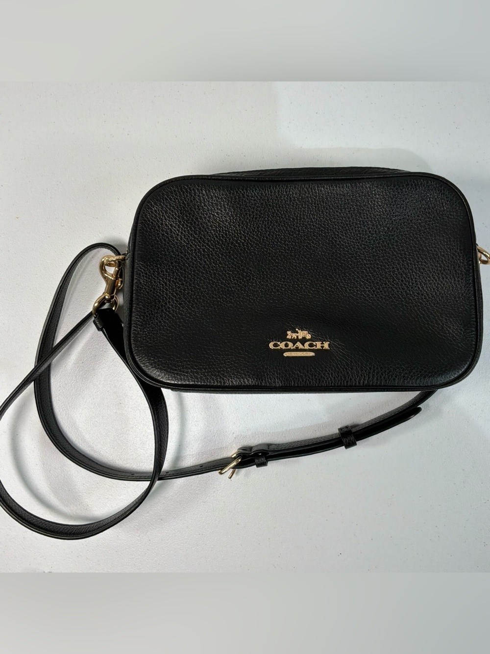 Coach Jes Black Pebble Leather Double Zip Crossbody Bag Purse Gold Tone Hardware
